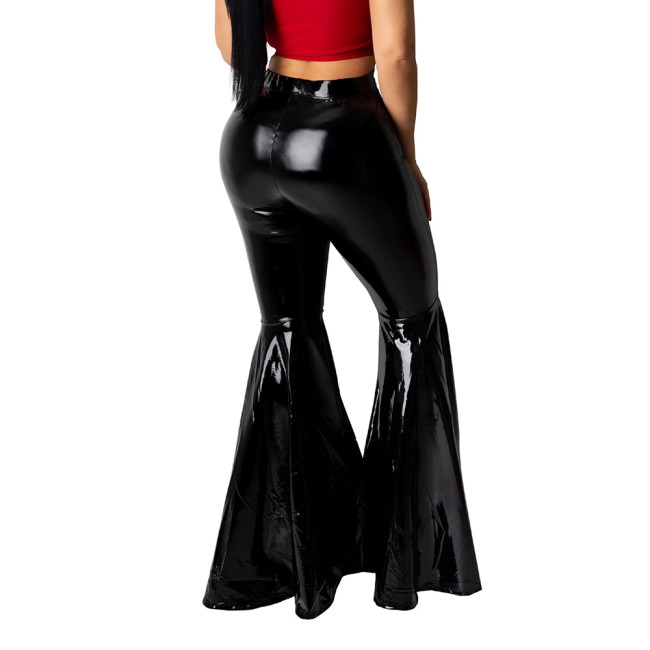 Plus Size Glossy PVC Leather Flare Pants Women Stretch High Waisted Maxi Trouser Club Leggings High Street Bell Bottom Trousers