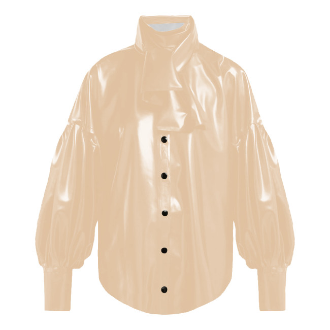 Vinyl PVC Leather Blouses for Women Vintage Oversized Single Breasted Shirt Tops Female Fashion Bishop Sleeve Shirts Plus Size