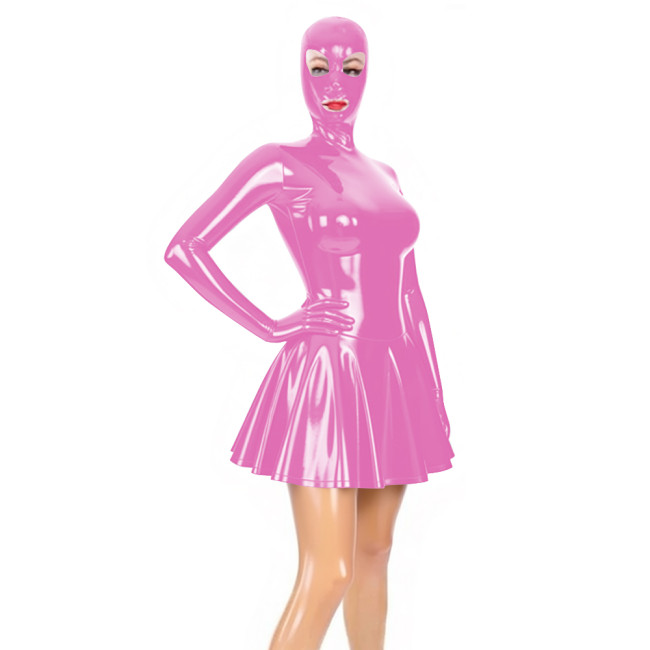 Fetish Sexy Mask PVC Mini Dress Glossy Faux Leather Sissy A-line Pleated Dresses Raves Party Cosplay Outfits Wetlook Clubwear