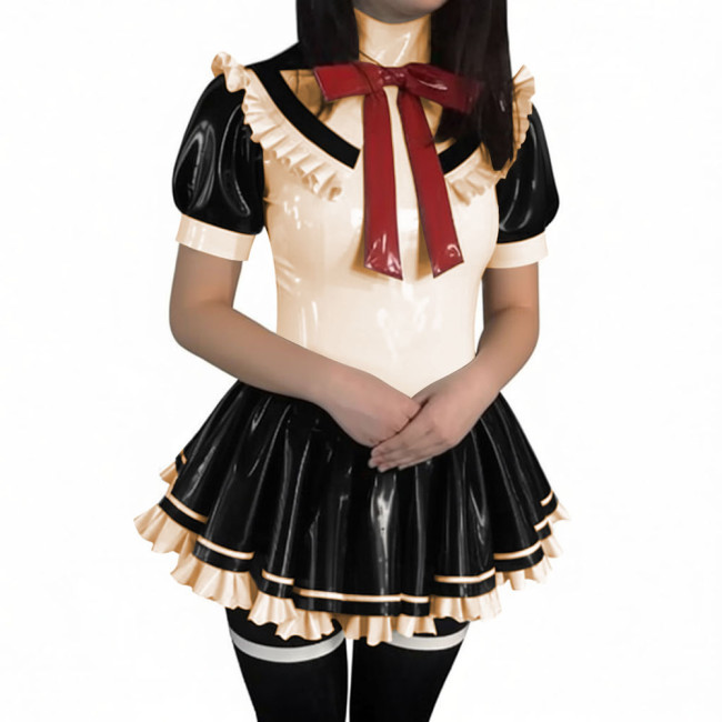 Latex-look PVC Short-Sleeve Sailor Collar Mini Dress Sissy Sweet Navy Style Short Pleated Dress Halloween Party Cosplay Outfits