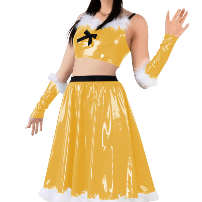 Vinyl Sexy Christmas Skirt Outfits PVC Shiny Babydoll Santa Holiday Party Sets Sling Crop Tube Top Pleated Mid Skirt with Gloves