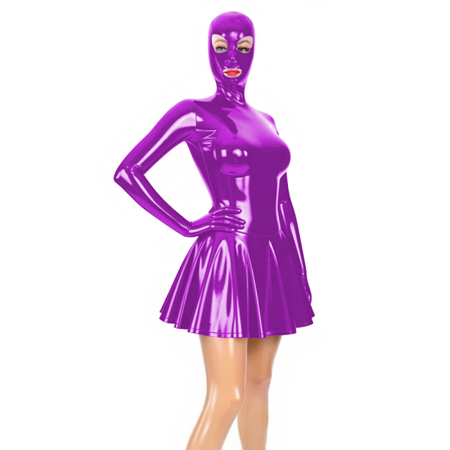 Fetish Sexy Mask PVC Mini Dress Glossy Faux Leather Sissy A-line Pleated Dresses Raves Party Cosplay Outfits Wetlook Clubwear
