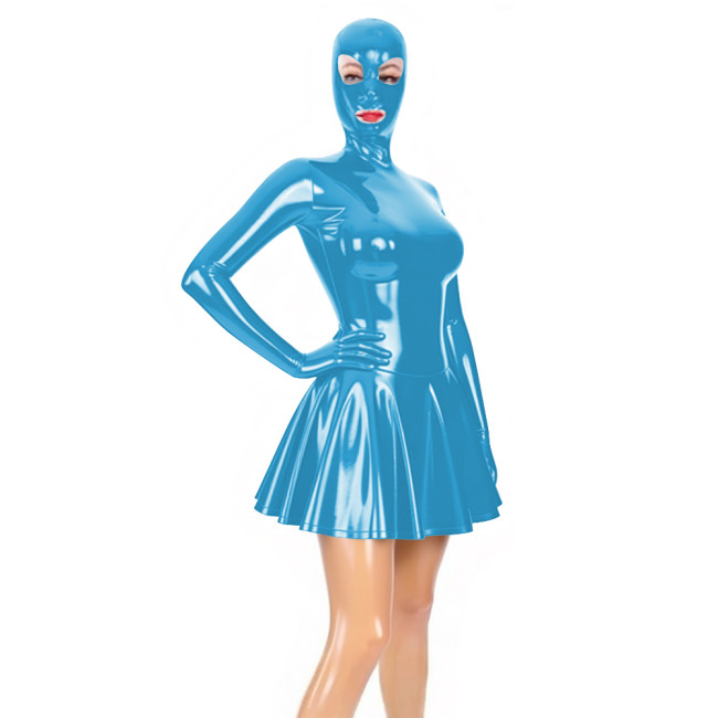 Fetish Sexy Mask PVC Mini Dress Glossy Faux Leather Sissy A-line Pleated Dresses Raves Party Cosplay Outfits Wetlook Clubwear