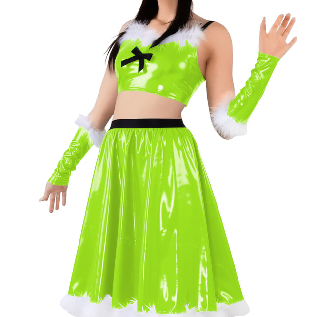 Vinyl Sexy Christmas Skirt Outfits PVC Shiny Babydoll Santa Holiday Party Sets Sling Crop Tube Top Pleated Mid Skirt with Gloves