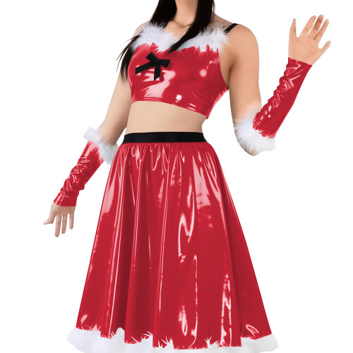 Vinyl Sexy Christmas Skirt Outfits PVC Shiny Babydoll Santa Holiday Party Sets Sling Crop Tube Top Pleated Mid Skirt with Gloves