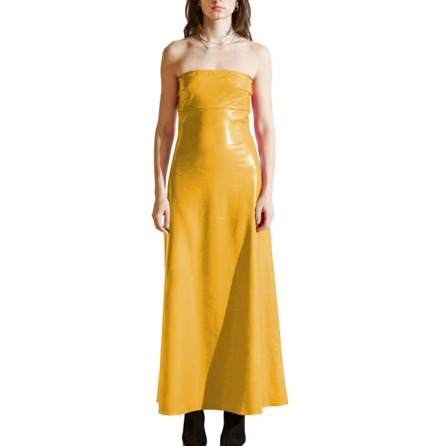 PVC Shiny Strapless Plus Size Women Maxi Dress Sleeveless Women Glossy Patent Leather Flared Dress Ladies Nightclub Party Dress