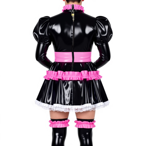 Mens Sissy Lockable Mini Pleated Maid Dresses PVC Shiny Leather Ruffles High Neck Mini Dress Cross-dressering Cosplay Outfits