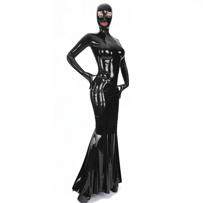 Latex-look PVC Long Sleeve Mermaid Dress with Mask Novelty Sexy Bodycon Ruffles Hem Long Hooded Dresses Exotlic Cosplay Outfits