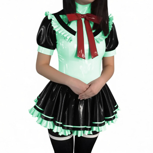 Latex-look PVC Short-Sleeve Sailor Collar Mini Dress Sissy Sweet Navy Style Short Pleated Dress Halloween Party Cosplay Outfits