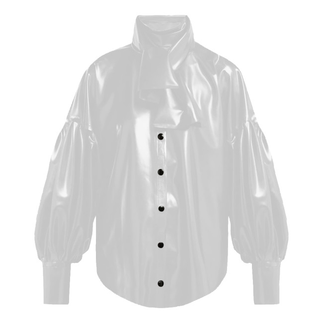 Vinyl PVC Leather Blouses for Women Vintage Oversized Single Breasted Shirt Tops Female Fashion Bishop Sleeve Shirts Plus Size