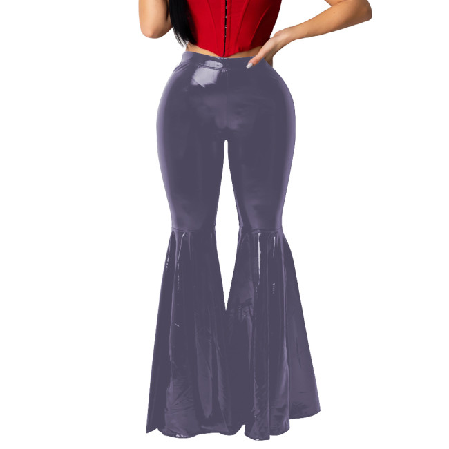Plus Size Glossy PVC Leather Flare Pants Women Stretch High Waisted Maxi Trouser Club Leggings High Street Bell Bottom Trousers