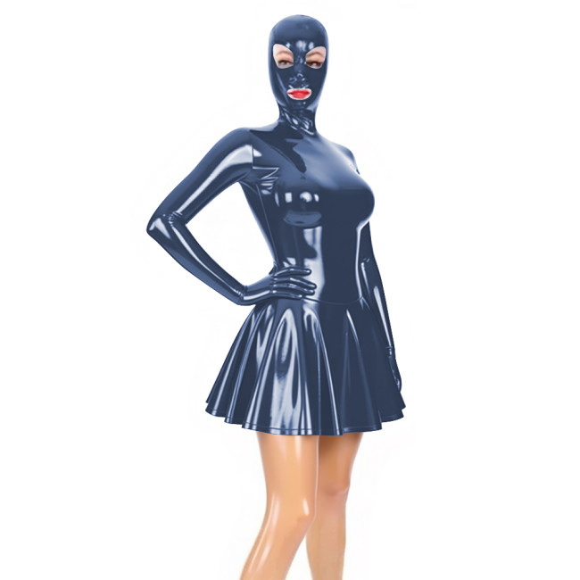 Fetish Sexy Mask PVC Mini Dress Glossy Faux Leather Sissy A-line Pleated Dresses Raves Party Cosplay Outfits Wetlook Clubwear