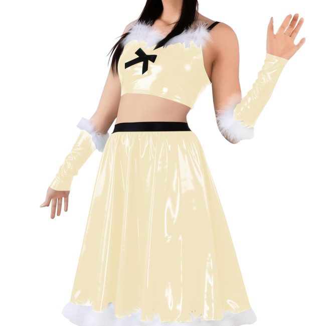 Vinyl Sexy Christmas Skirt Outfits PVC Shiny Babydoll Santa Holiday Party Sets Sling Crop Tube Top Pleated Mid Skirt with Gloves
