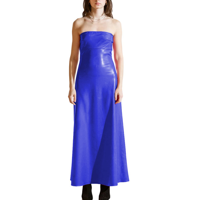 PVC Shiny Strapless Plus Size Women Maxi Dress Sleeveless Women Glossy Patent Leather Flared Dress Ladies Nightclub Party Dress