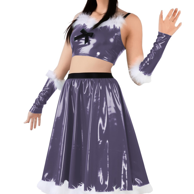 Vinyl Sexy Christmas Skirt Outfits PVC Shiny Babydoll Santa Holiday Party Sets Sling Crop Tube Top Pleated Mid Skirt with Gloves