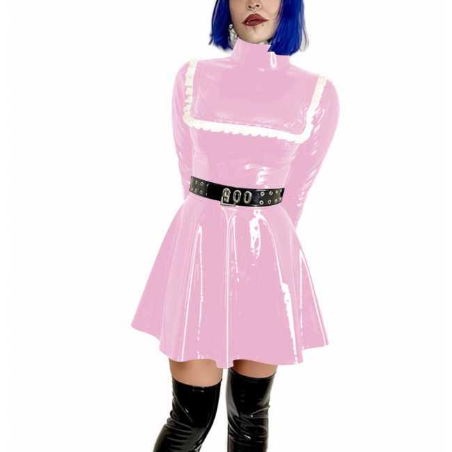 Turtleneck Vinyl A-line Mini Dress Long Sleeve Wetlook PVC Leather Pleated Womens Dress Club Swing Outfits Party Show Costume