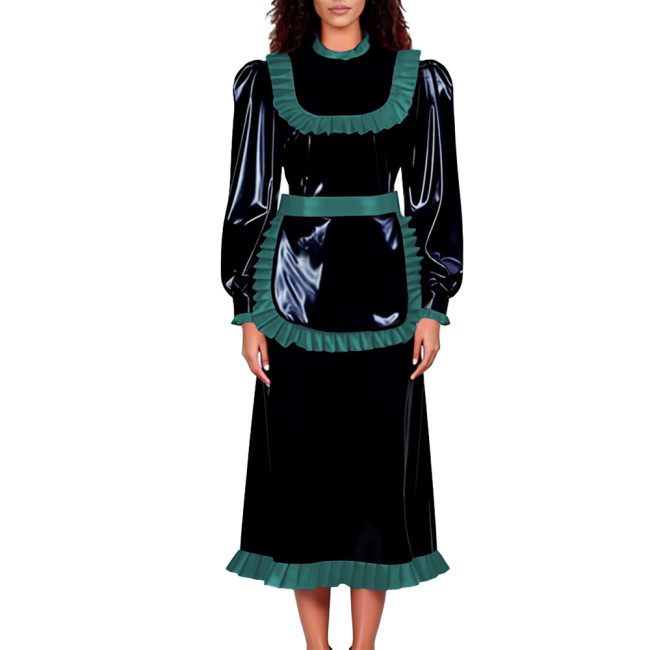 Unisex Adult Lockable Maid Uniforms Halloween Carnival Party Cosplay Costume PVC Shiny Long Sleeve Maid Dress with Ruffle Apron