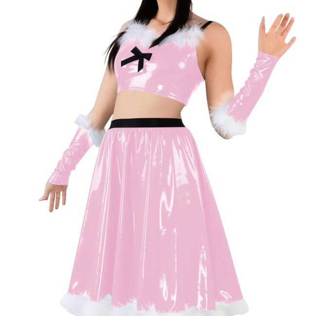 Vinyl Sexy Christmas Skirt Outfits PVC Shiny Babydoll Santa Holiday Party Sets Sling Crop Tube Top Pleated Mid Skirt with Gloves