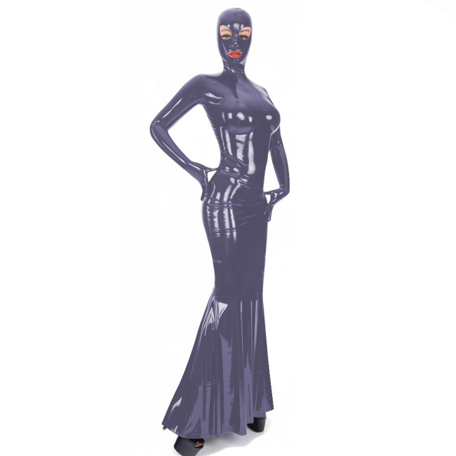 Latex-look PVC Long Sleeve Mermaid Dress with Mask Novelty Sexy Bodycon Ruffles Hem Long Hooded Dresses Exotlic Cosplay Outfits