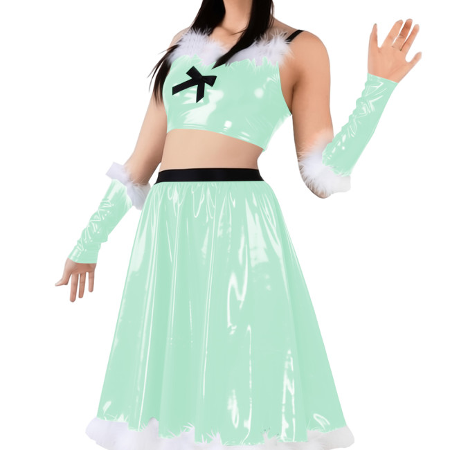 Vinyl Sexy Christmas Skirt Outfits PVC Shiny Babydoll Santa Holiday Party Sets Sling Crop Tube Top Pleated Mid Skirt with Gloves