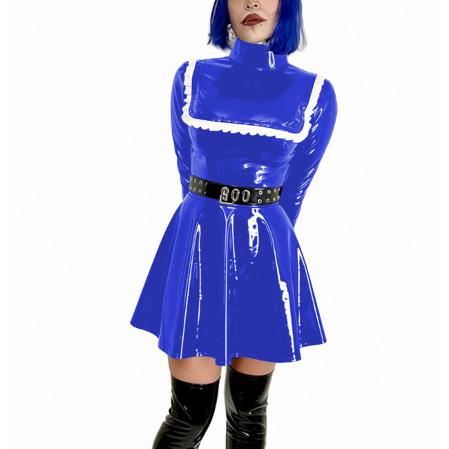 Turtleneck Vinyl A-line Mini Dress Long Sleeve Wetlook PVC Leather Pleated Womens Dress Club Swing Outfits Party Show Costume