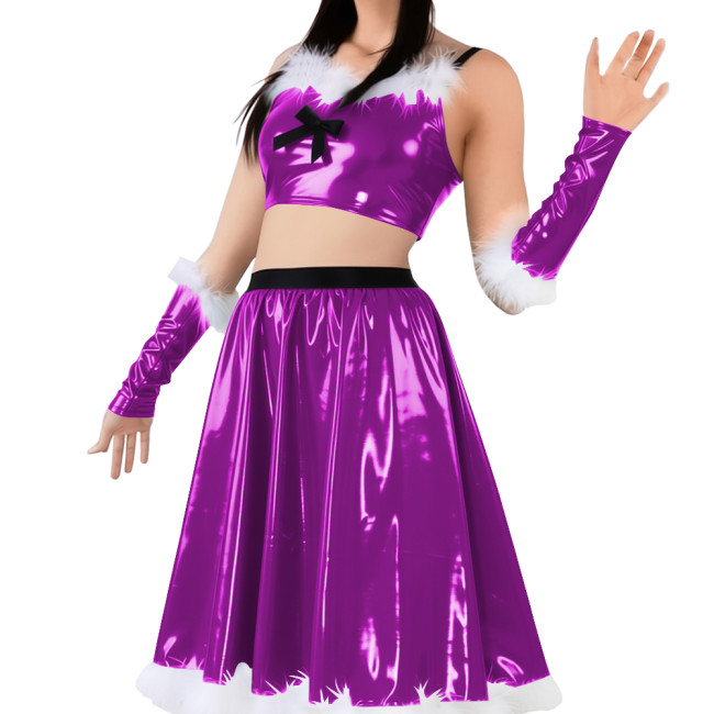 Vinyl Sexy Christmas Skirt Outfits PVC Shiny Babydoll Santa Holiday Party Sets Sling Crop Tube Top Pleated Mid Skirt with Gloves