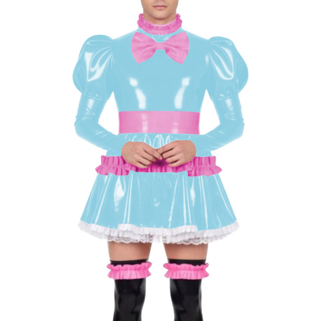 Mens Sissy Lockable Mini Pleated Maid Dresses PVC Shiny Leather Ruffles High Neck Mini Dress Cross-dressering Cosplay Outfits