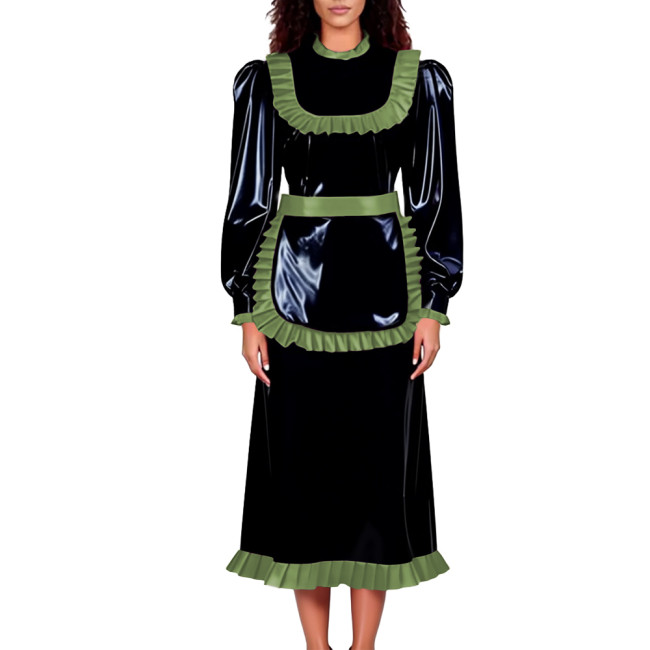 Unisex Adult Lockable Maid Uniforms Halloween Carnival Party Cosplay Costume PVC Shiny Long Sleeve Maid Dress with Ruffle Apron
