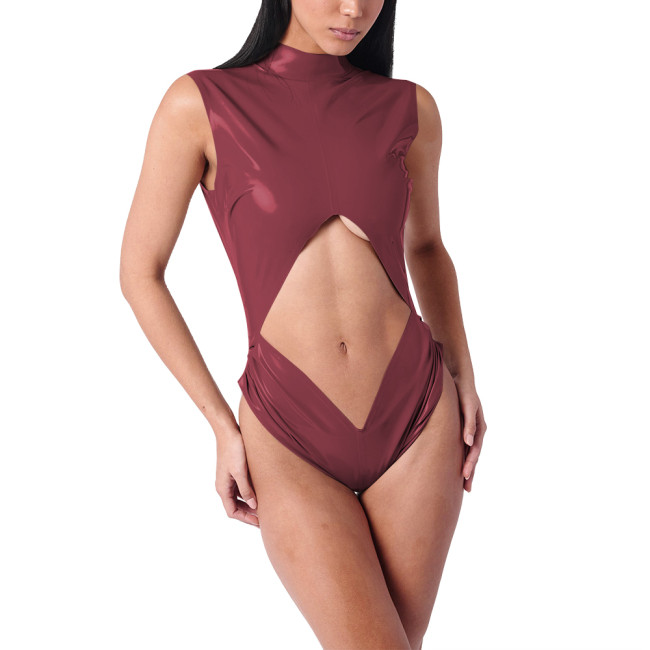 Sleeveless Backless Latex-look PVC Bodysuit Women Sexy Hollow Out Slim Leotard Glossy Leather Party Playsuit Rave Night Clubwear