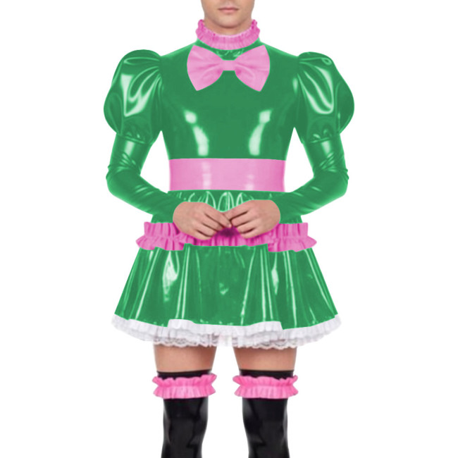 Mens Sissy Lockable Mini Pleated Maid Dresses PVC Shiny Leather Ruffles High Neck Mini Dress Cross-dressering Cosplay Outfits