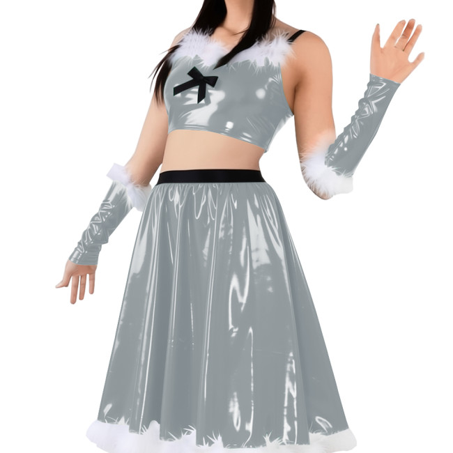 Vinyl Sexy Christmas Skirt Outfits PVC Shiny Babydoll Santa Holiday Party Sets Sling Crop Tube Top Pleated Mid Skirt with Gloves