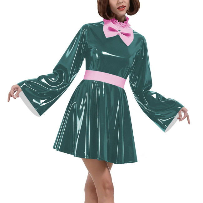 Lockable Vinyl PVC Maid Outfits Womens Flared Sleeves Ruffles Collar A-line Dress with Belt Carnival Cosplay Clubwear Costume