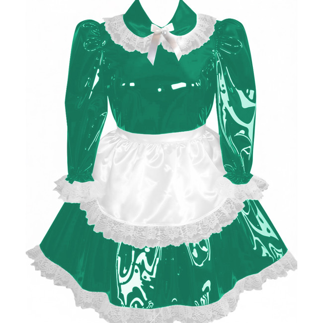 Lockable Pleated Maid Cosplay Dress with Apron Adult Wet Look PVC Leather A-line Maid Dress Party Carnival Maid Role Play Dress