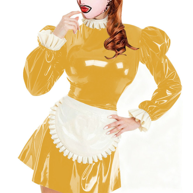 Sissy Servants Maid Mini Dress with Lock Ruffles Collar Long Sleeve PVC Glossy Leather A-Line Maid Dresses Party Cosplay Outfits