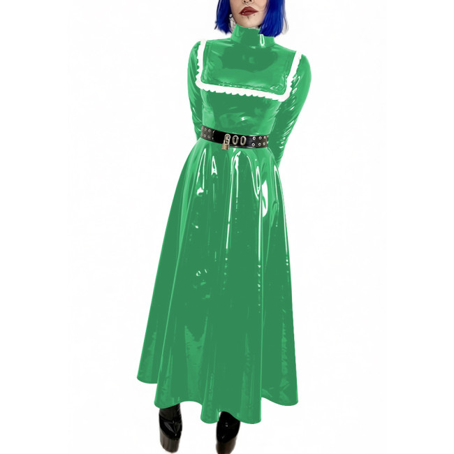 Lockable Wet Look Women Evening Dress Gowns Stand Collar Long Sleeve Vinyl PVC Leather Maxi Dresses Cocktail Party Pleated Dress