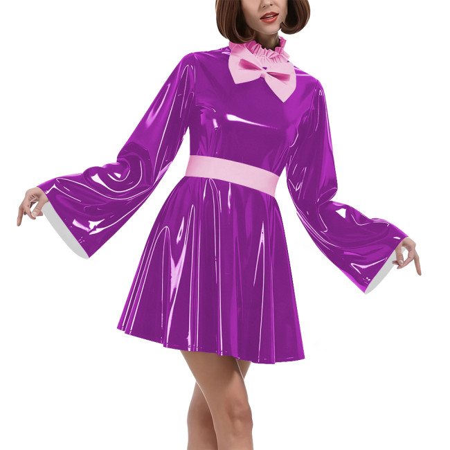 Lockable Vinyl PVC Maid Outfits Womens Flared Sleeves Ruffles Collar A-line Dress with Belt Carnival Cosplay Clubwear Costume
