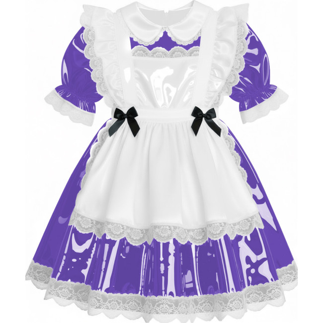 Sweet French Maid Servant Cosplay Dress Lockable Puff Short Sleeve Lace Trim PVC A-line Maid Dress for Halloween Carnival Party