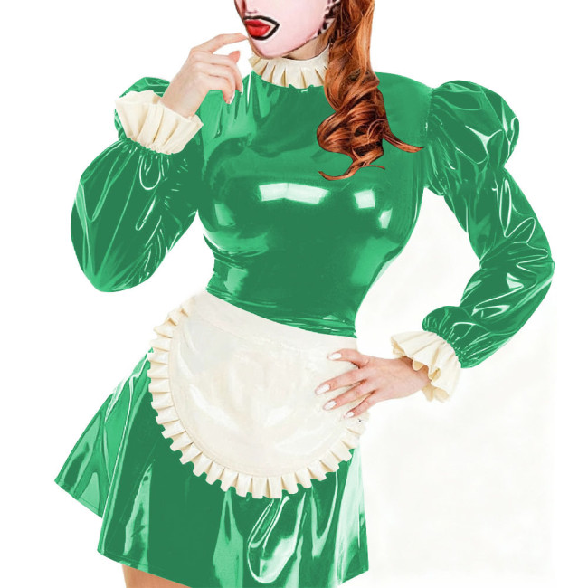 Sissy Servants Maid Mini Dress with Lock Ruffles Collar Long Sleeve PVC Glossy Leather A-Line Maid Dresses Party Cosplay Outfits