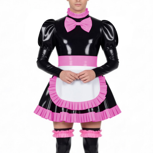 Mens Sissy Maid Dress Outfits High Neck Ruffles Trim Wetlook PVC Leather Mini Pleated Dress with Lock Crossdresser Maid Uniform