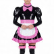 Mens Sissy Maid Dress Outfits High Neck Ruffles Trim Wetlook PVC Leather Mini Pleated Dress with Lock Crossdresser Maid Uniform