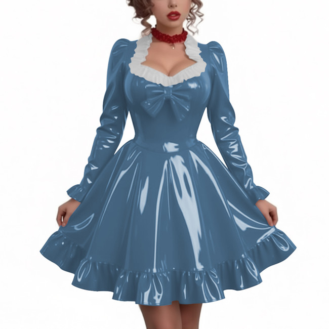 Women Sweetheart Neck Long Sleeve Party Dresses Chic Princess Ruffles Hem Pleated Short Dress Shiny PVC Leather Club Porm Dress