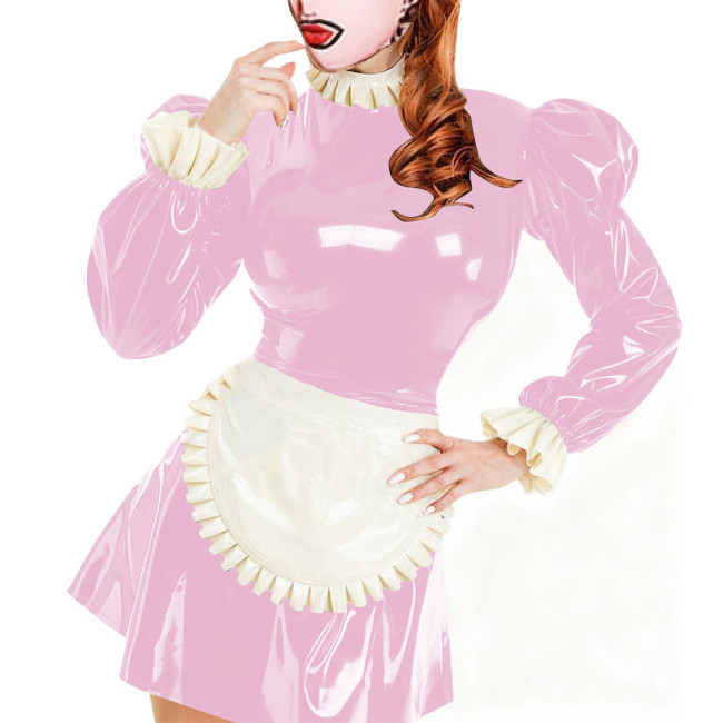 Sissy Servants Maid Mini Dress with Lock Ruffles Collar Long Sleeve PVC Glossy Leather A-Line Maid Dresses Party Cosplay Outfits