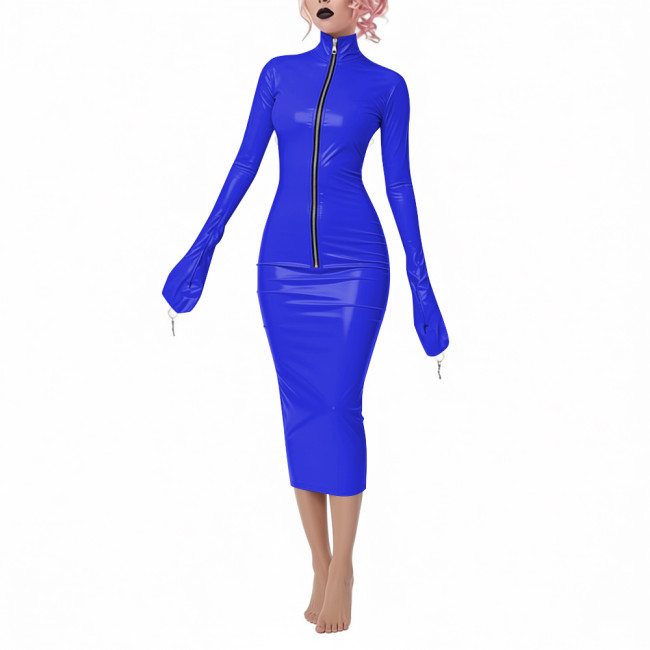 Fetish Novelty Full Long Sleeve Bodycon Midi Dress Party Club Sheath Wetlook Dress Zipper Front Women PVC Shiny Elegant Dresses