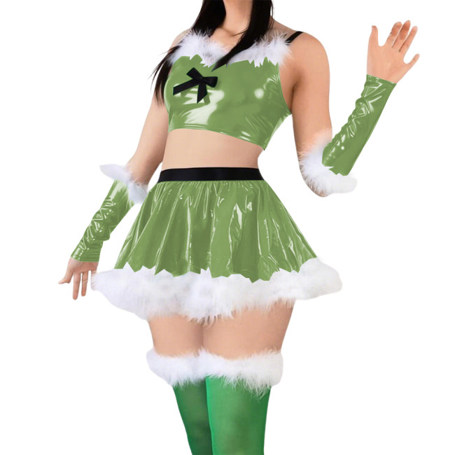 Women Cute Sweet Santa Dress Outfits PVC Shiny Sling Crop Tops Mini Pleated Skirt with Gloves Christmas Suit for Cosplay Night