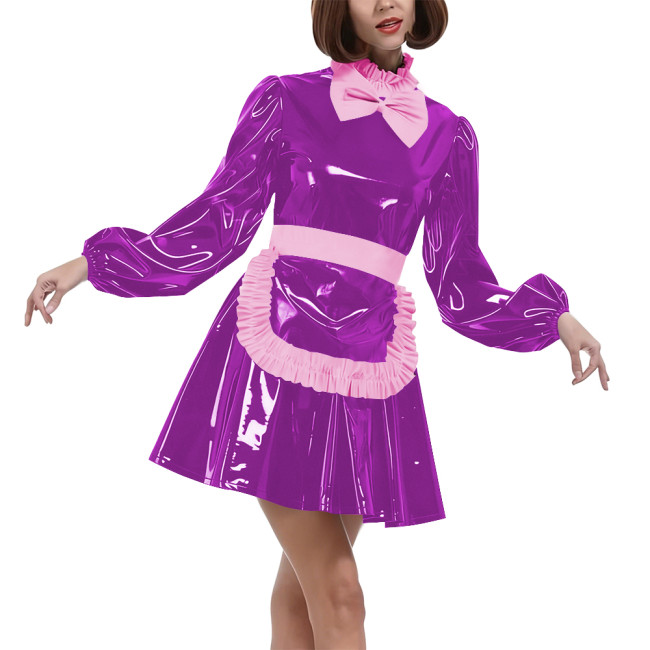 Lolita Puff Long Sleeves Maid Uniforms Halloween Theme Party Cosplay Costume Lockable PVC Leather Bow Pleated Dress with Apron