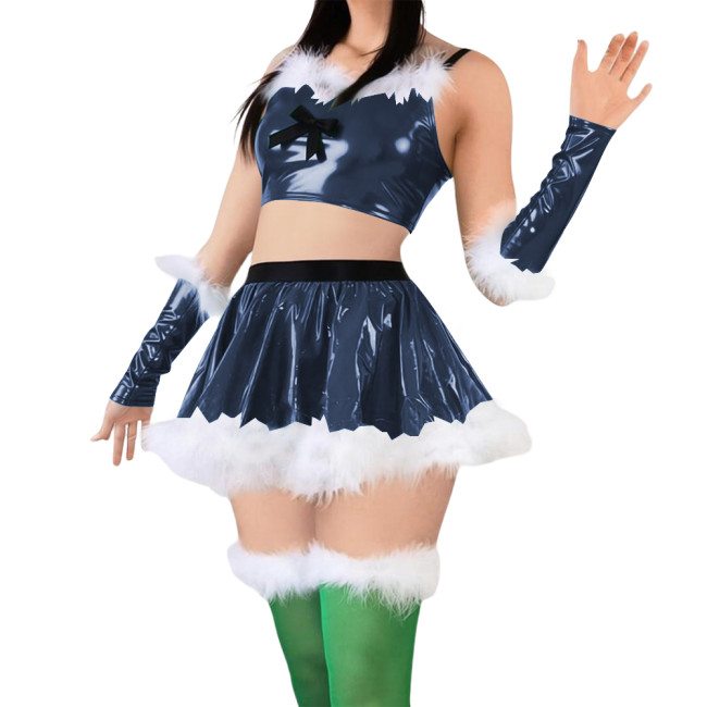 Women Cute Sweet Santa Dress Outfits PVC Shiny Sling Crop Tops Mini Pleated Skirt with Gloves Christmas Suit for Cosplay Night