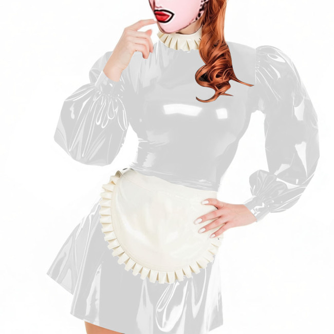 Party Lockable Maid Uniforms Puff Long Sleeves PVC Shiny Sexy Mini A-line Pleated Maid Dress with Apron Carnival Cosplay Costume
