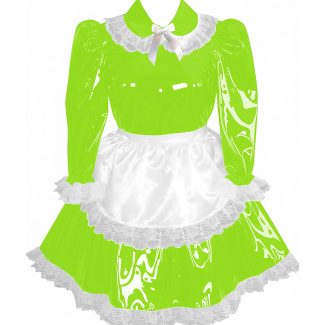 Lockable Pleated Maid Cosplay Dress with Apron Adult Wet Look PVC Leather A-line Maid Dress Party Carnival Maid Role Play Dress