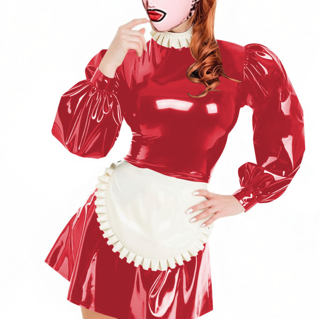 Party Lockable Maid Uniforms Puff Long Sleeves PVC Shiny Sexy Mini A-line Pleated Maid Dress with Apron Carnival Cosplay Costume