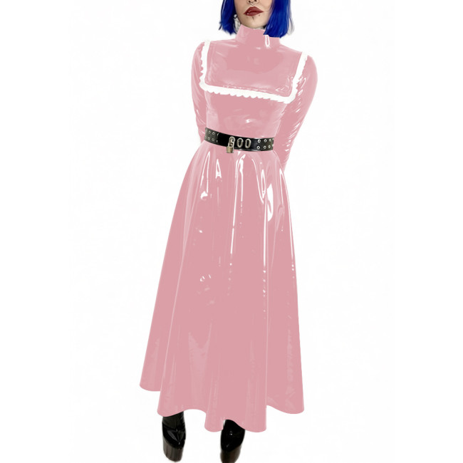 Lockable Wet Look Women Evening Dress Gowns Stand Collar Long Sleeve Vinyl PVC Leather Maxi Dresses Cocktail Party Pleated Dress